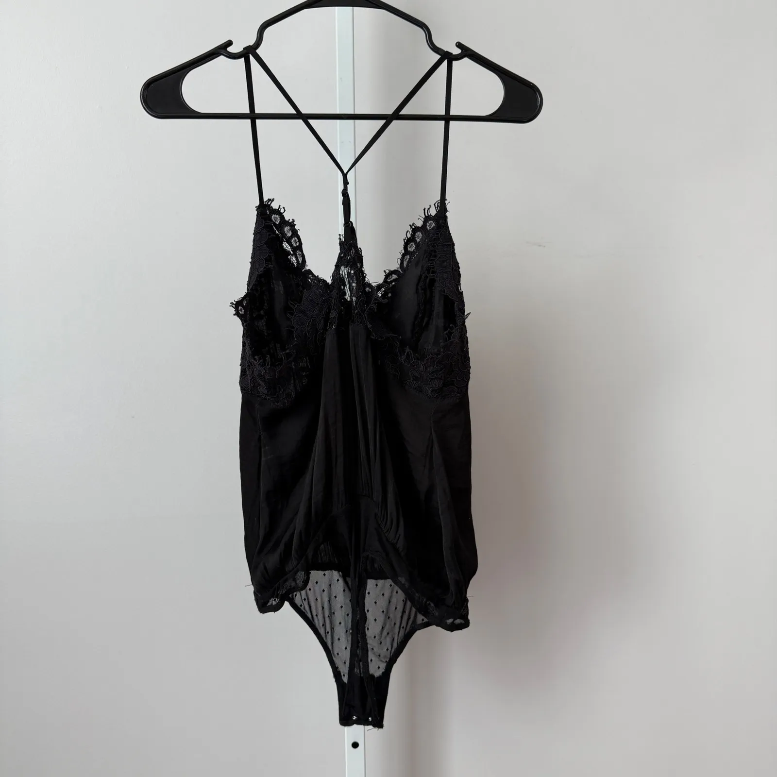 Free People Intimately sz SP Black Lace Trim Dot Mesh Teddy Bodysuit Mob Wife - Image 6