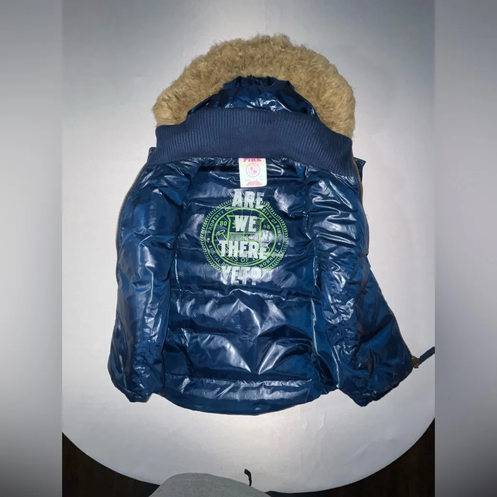 Victoria Secret Grand Escape Lodge Puffer Vest Faux Fur Hood Blue - Image 8