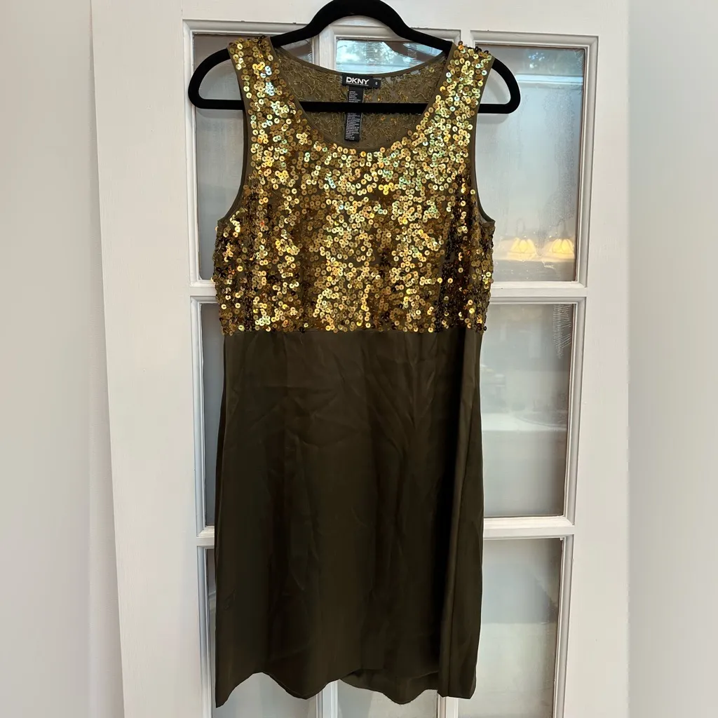 Vintage DKNY Brown Gold Silk Empire Waist Sequin Slip Mini Dress Size 6 Small S - Image 11