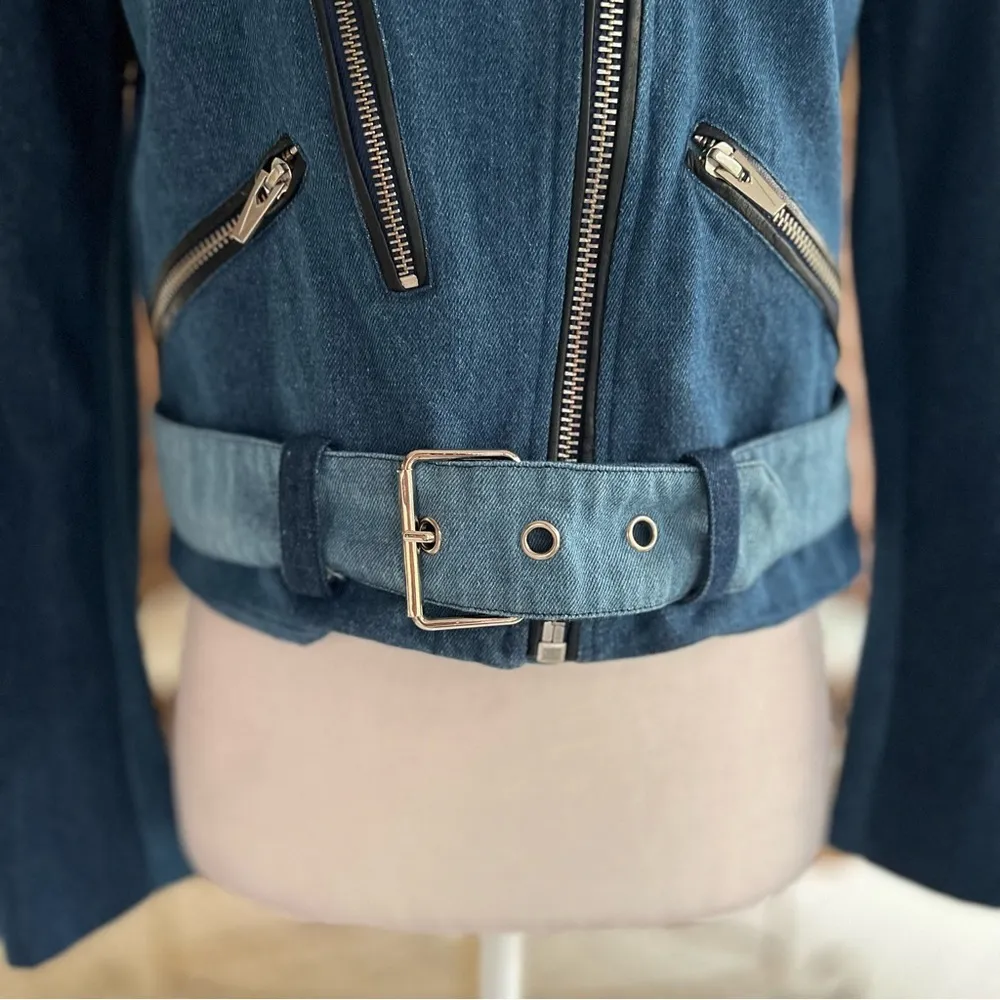 Veda Atmosphere Denim Jacket Moto 3 Tone Trio Blue S Cropped Belted Chic Edgy - Image 7