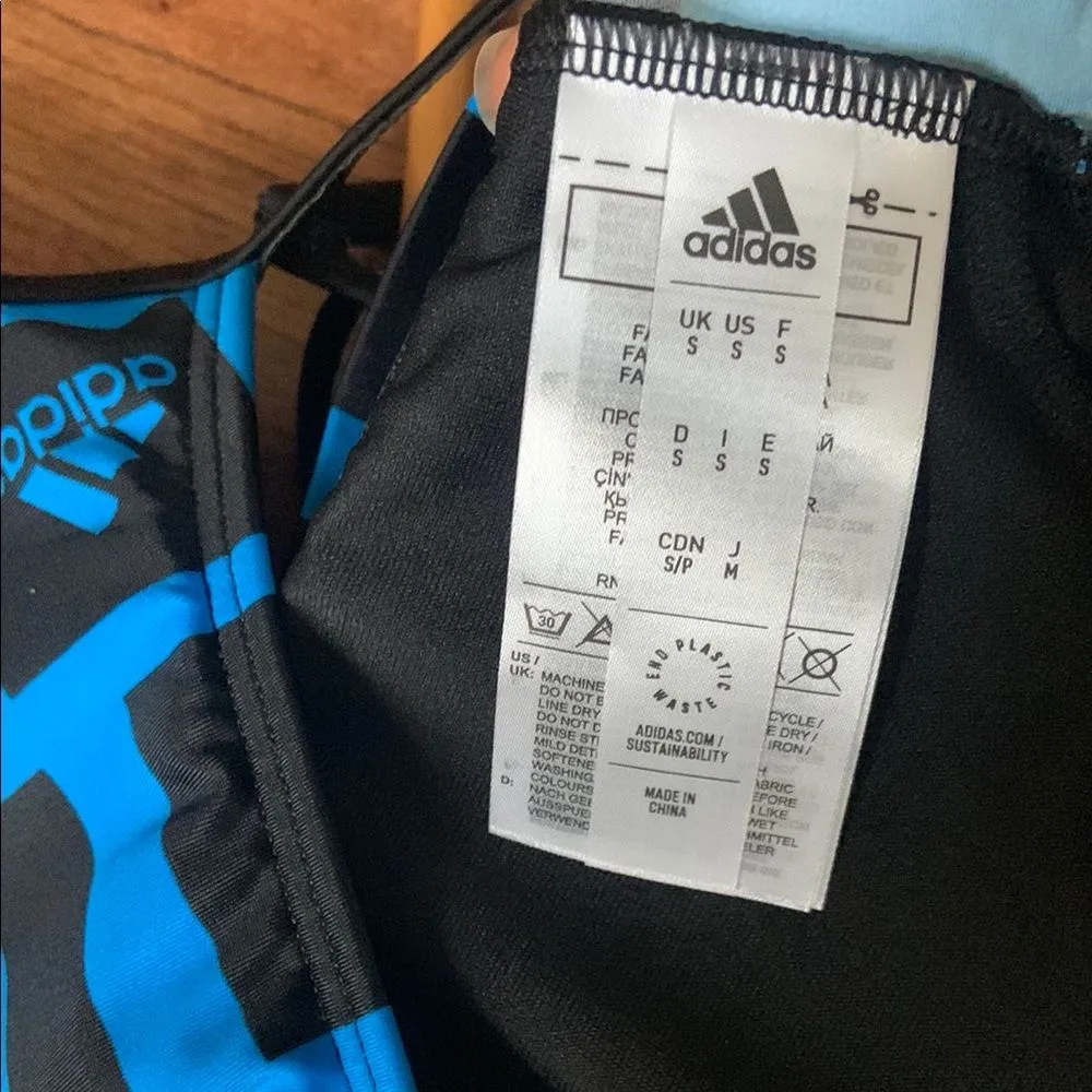 NWOT Womens Adidas SZ S Bars AOP Blue and Black Patterned Swim Top - Image 3