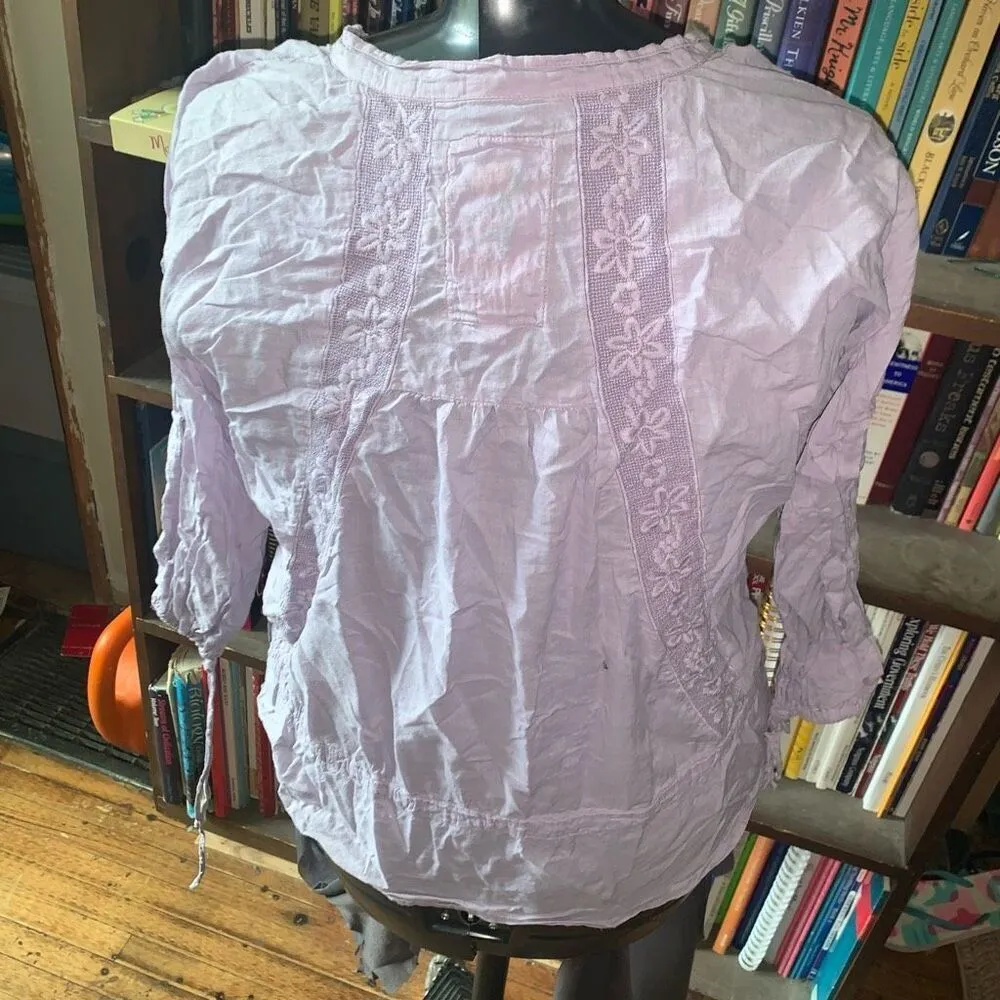 Johnny Was lilac lace inlaid button down boho romantic M blouse - Image 3