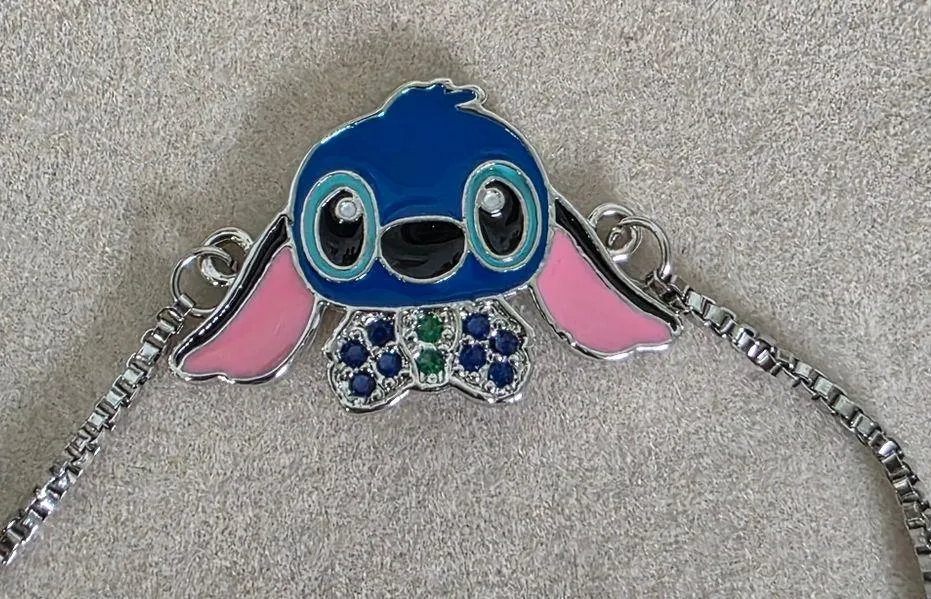 Silver Stainless Steel Bolo Adjustable Pull Bracelet with Stitch Charm Blue - Image 3