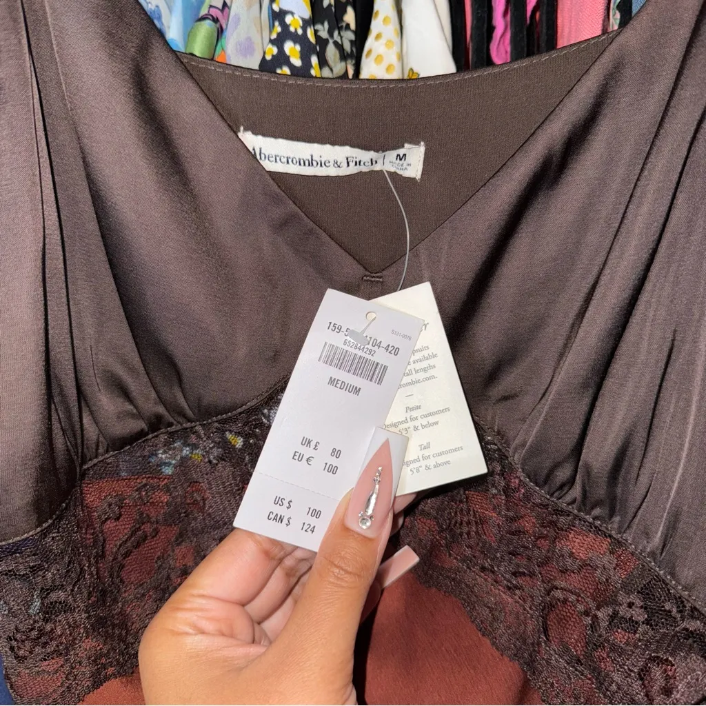 Abercrombie & Fitch Brown Satin Lace Panel Slip Dress - Image 7