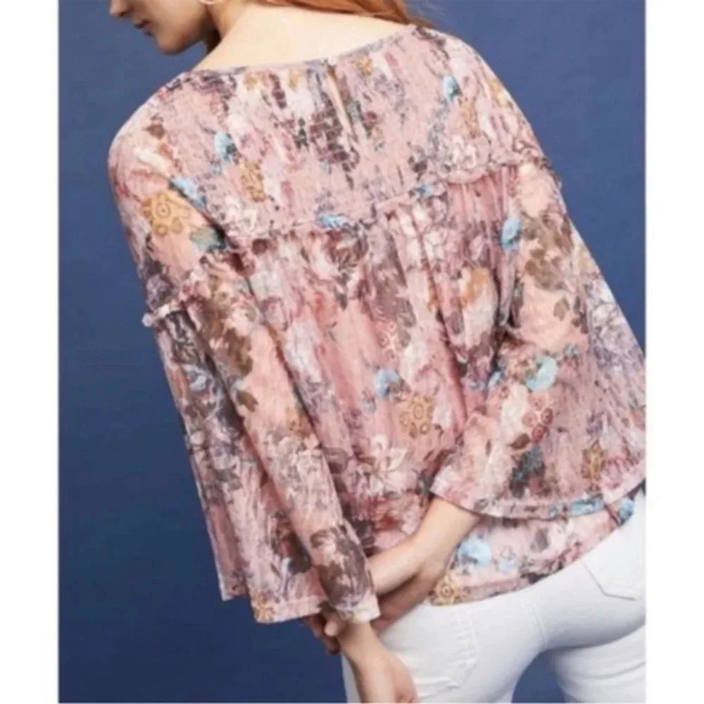 Anthropologie Akemi + Kin Floral Lace Patrizia Bell Sleeve Smocked Top Boho S - Image 2