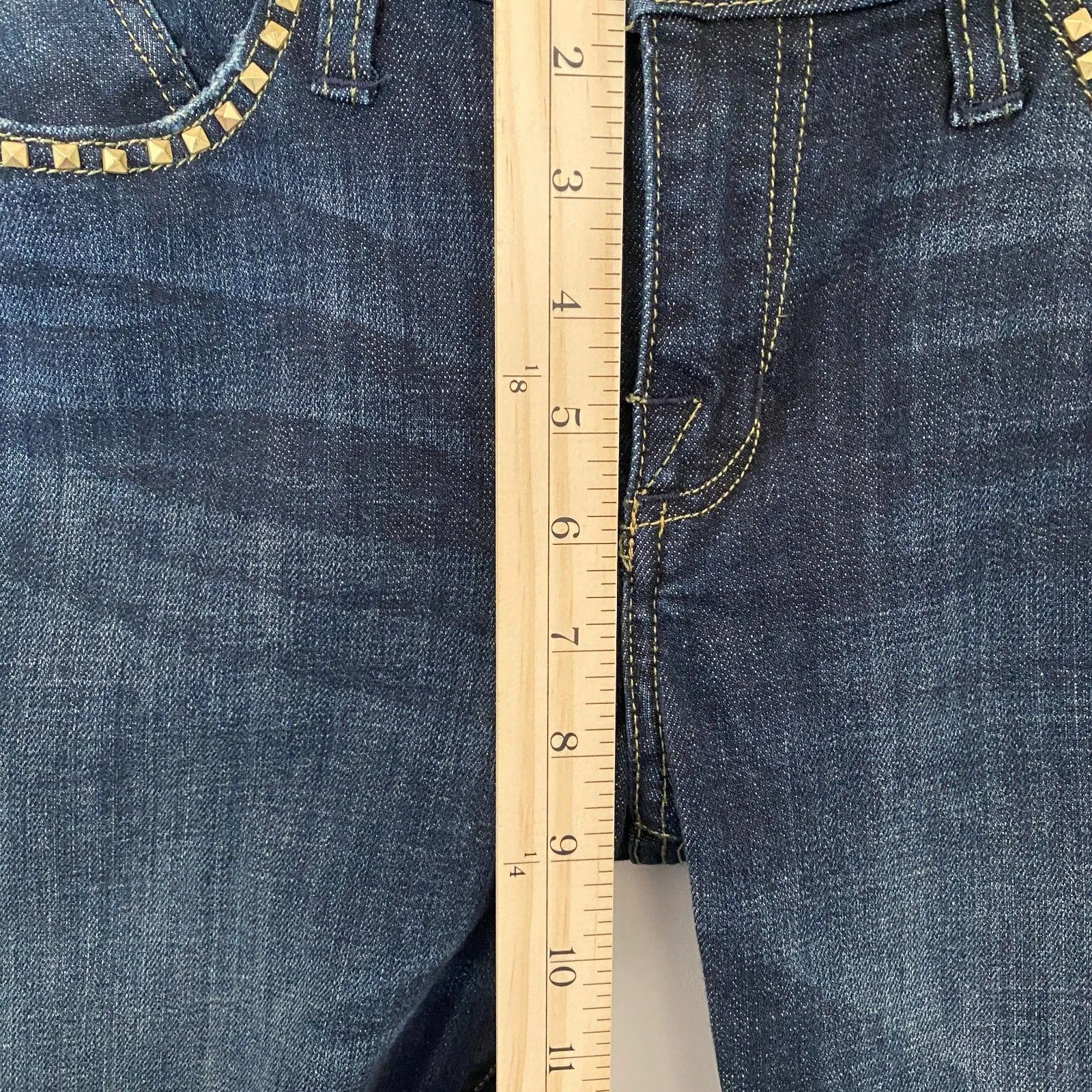 Rock & Republic Kasandra Y2K Dark Wash Bootcut Jeans Gold Studs Distressed Sz 10 - Image 7