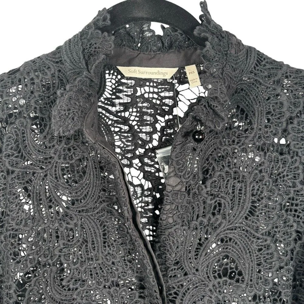 Soft Surroundings Black Lace Top Crochet Lace Whimsigoth Button Up Sz Petite XS - Image 3