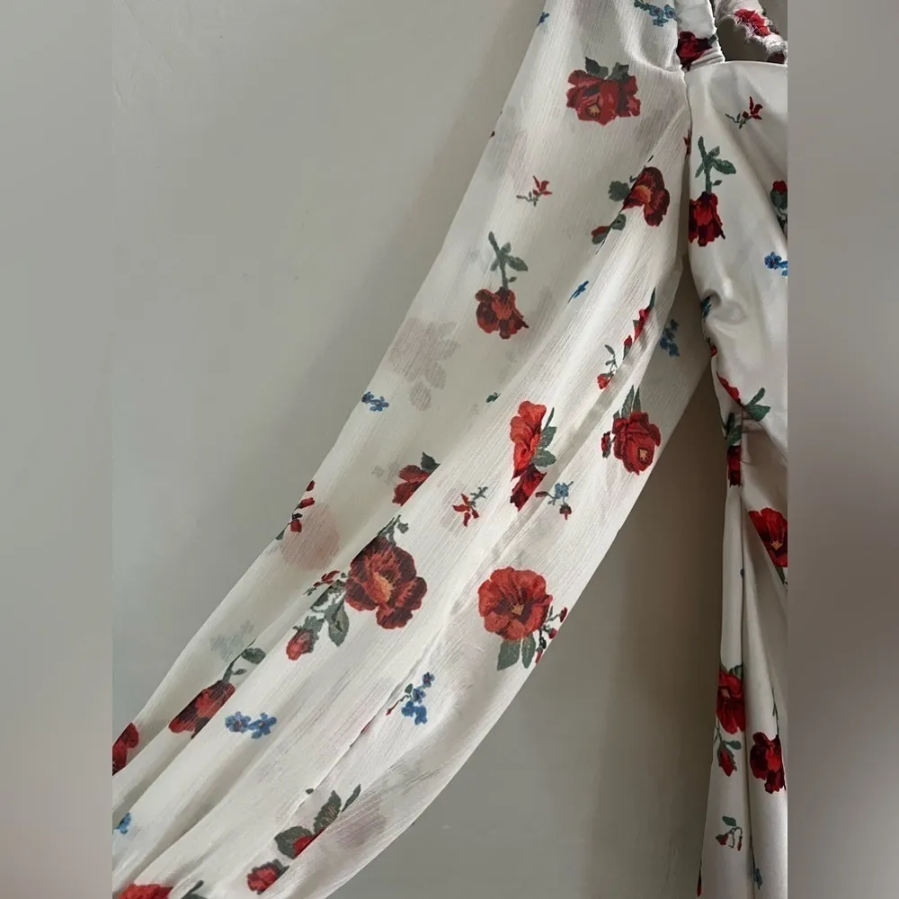 WE WORE WHAT Optic White Multi Floral Puff
Sleeve Cowl Neck Mini Dress sz 4 - Image 6