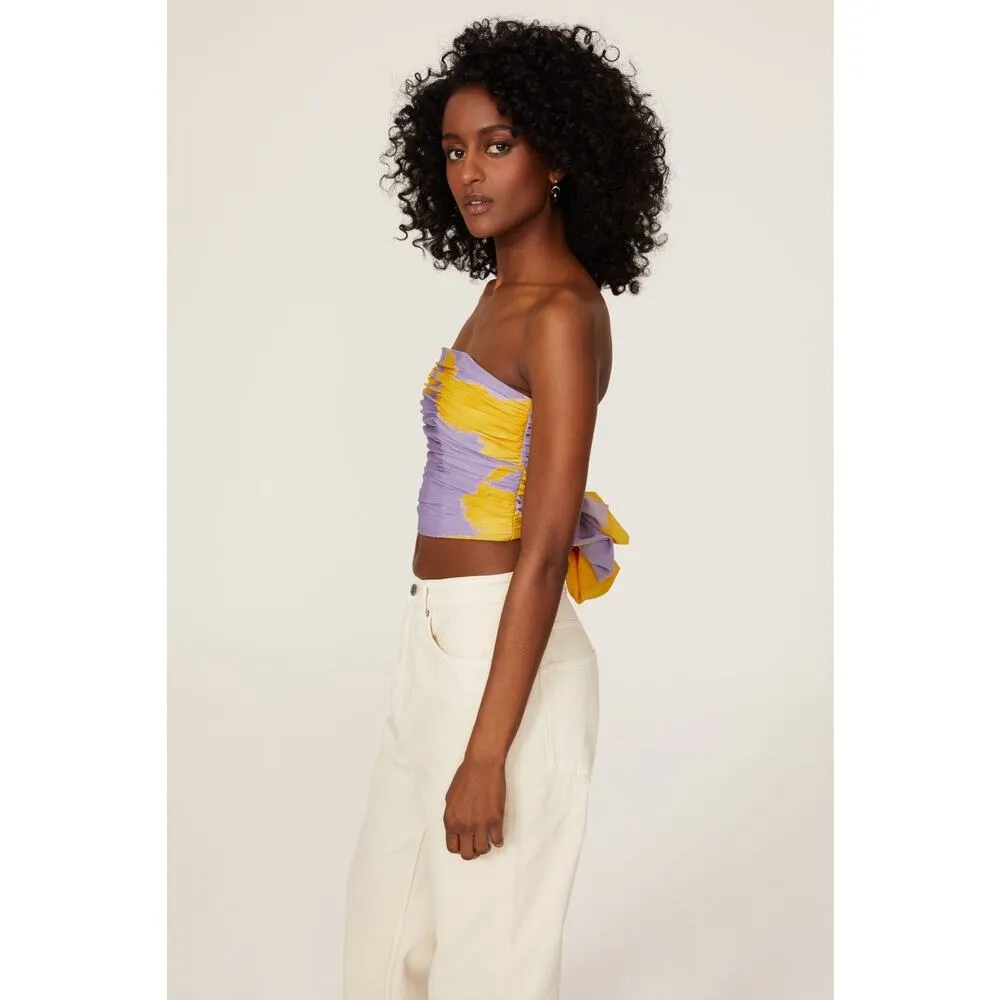SLATE & WILLOW Purple Yellow Tie-Dye Strapless Bow Back Crop Top Size 6 - Image 3