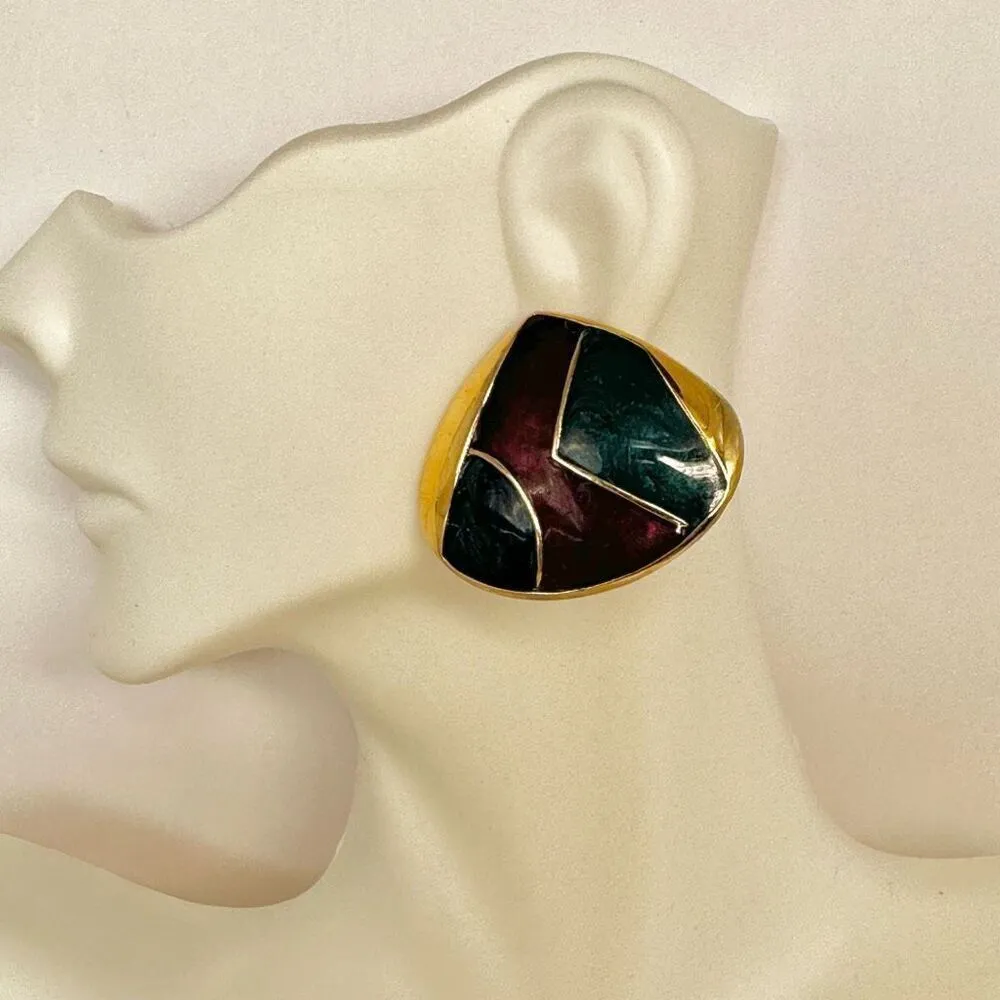 Green red gold tone triangle post earrings - Image 4