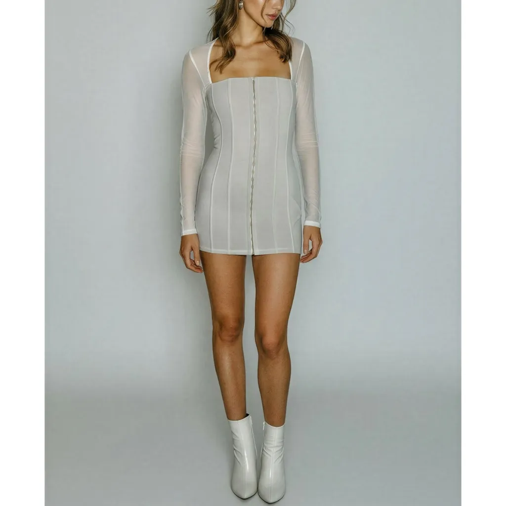 WITH JÉAN Al Long Sleeve Corset Mesh Mini Dress, White, Medium - Image 3