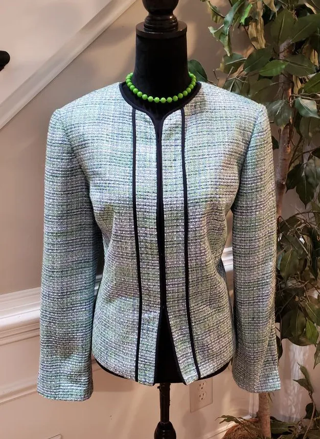 Requirements Women's Size 12 Tweed Blazer Blue Green Black Trim Hook Front - Image 1