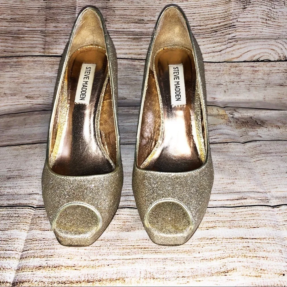 STEVE MADDEN P-Karro Gold Sequin Peep Toe Pump Size 8 - Image 3