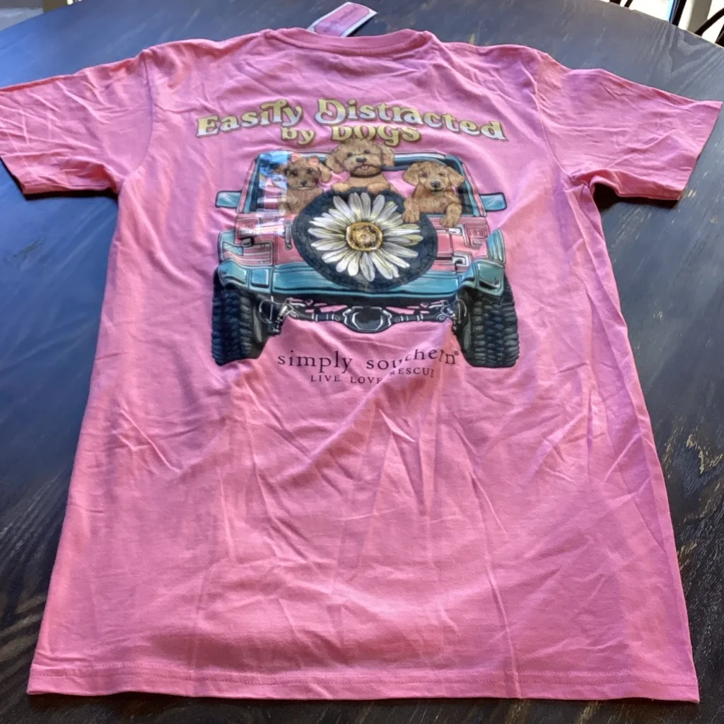 Simply Southern Easily Distracted by Dogs Pink Tee with Jeep Graphic Sz S - Image 2