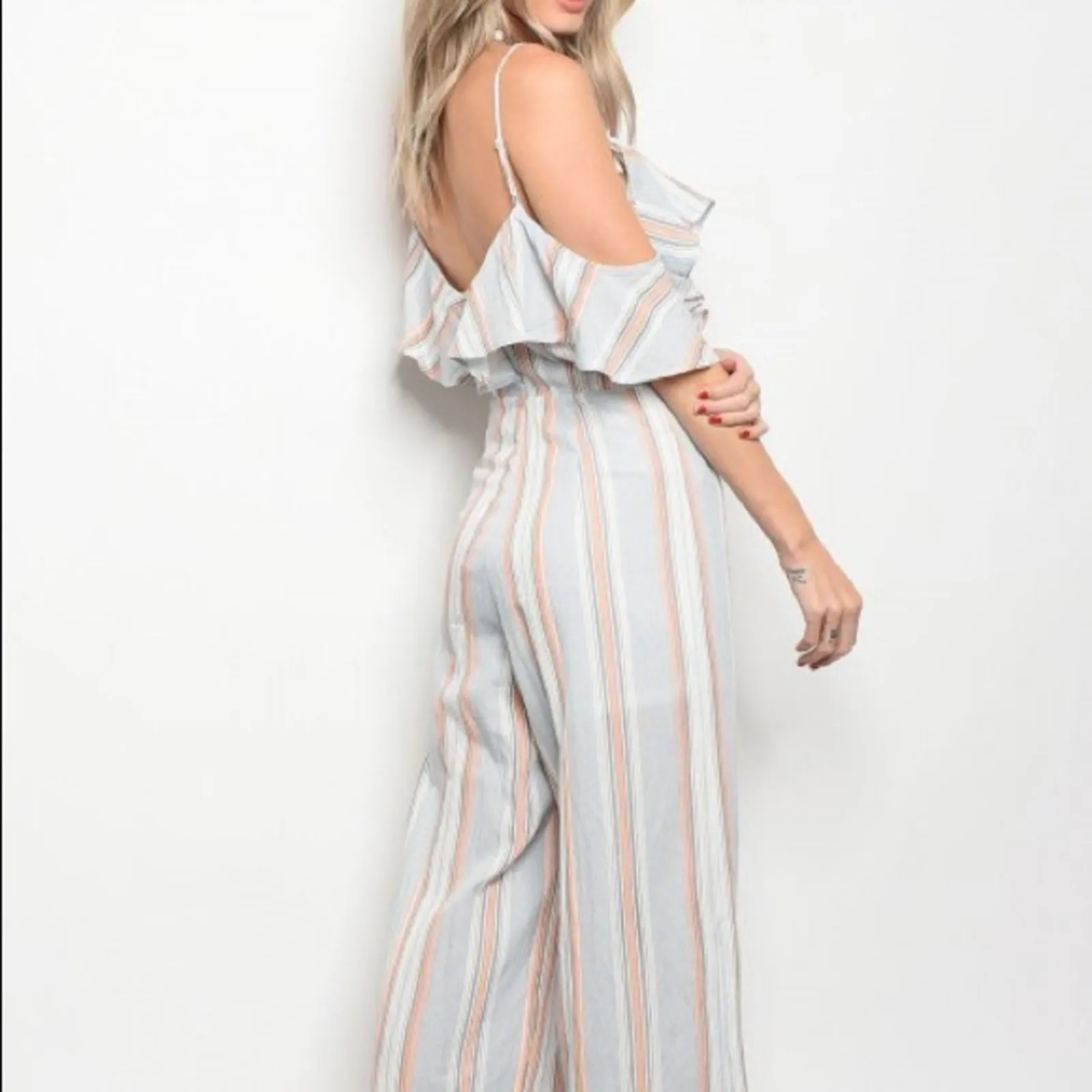 Striped Ruffle Jumpsuit Wide Leg - Image 4