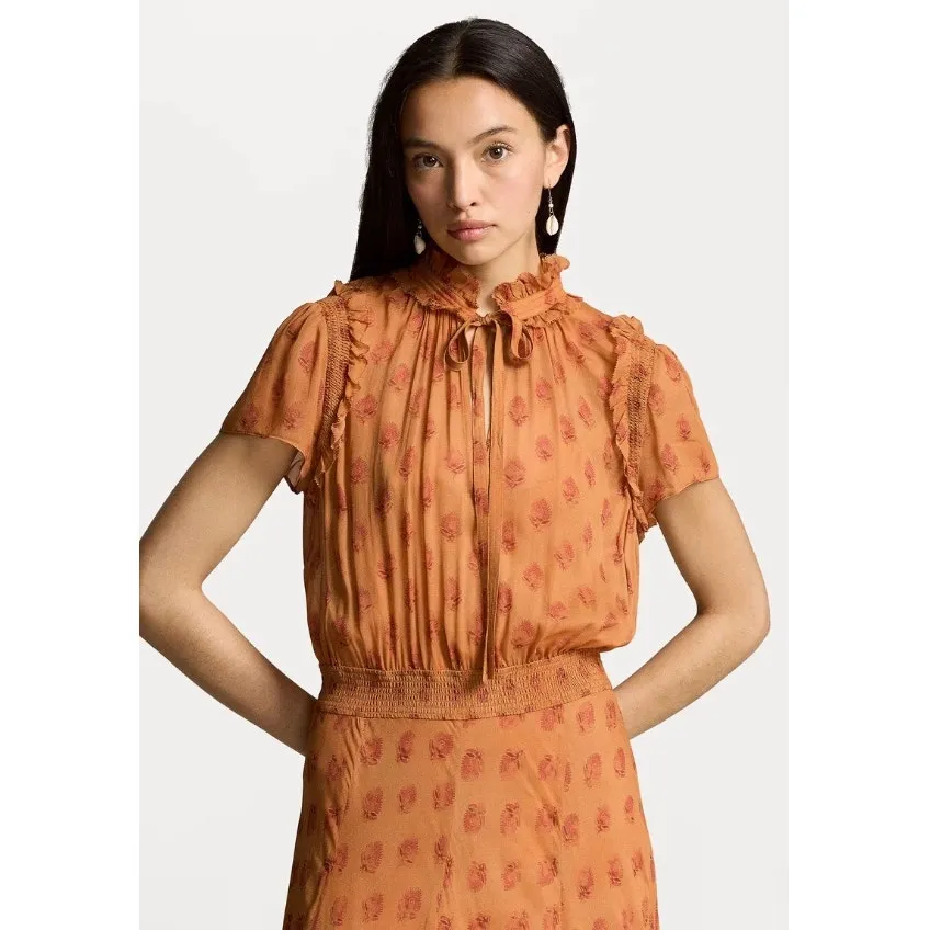 Polo Ralph Lauren Block Print Georgette Tie Neck Dress in Medallion Woodblock - Image 9