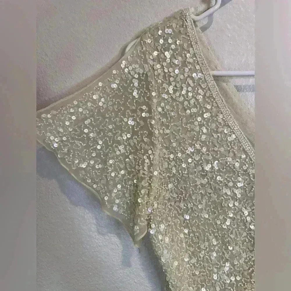 Vintage Papell Boutique Women’s Sequin Beaded Split Flutter Sleeve Silk Blouse - Image 7