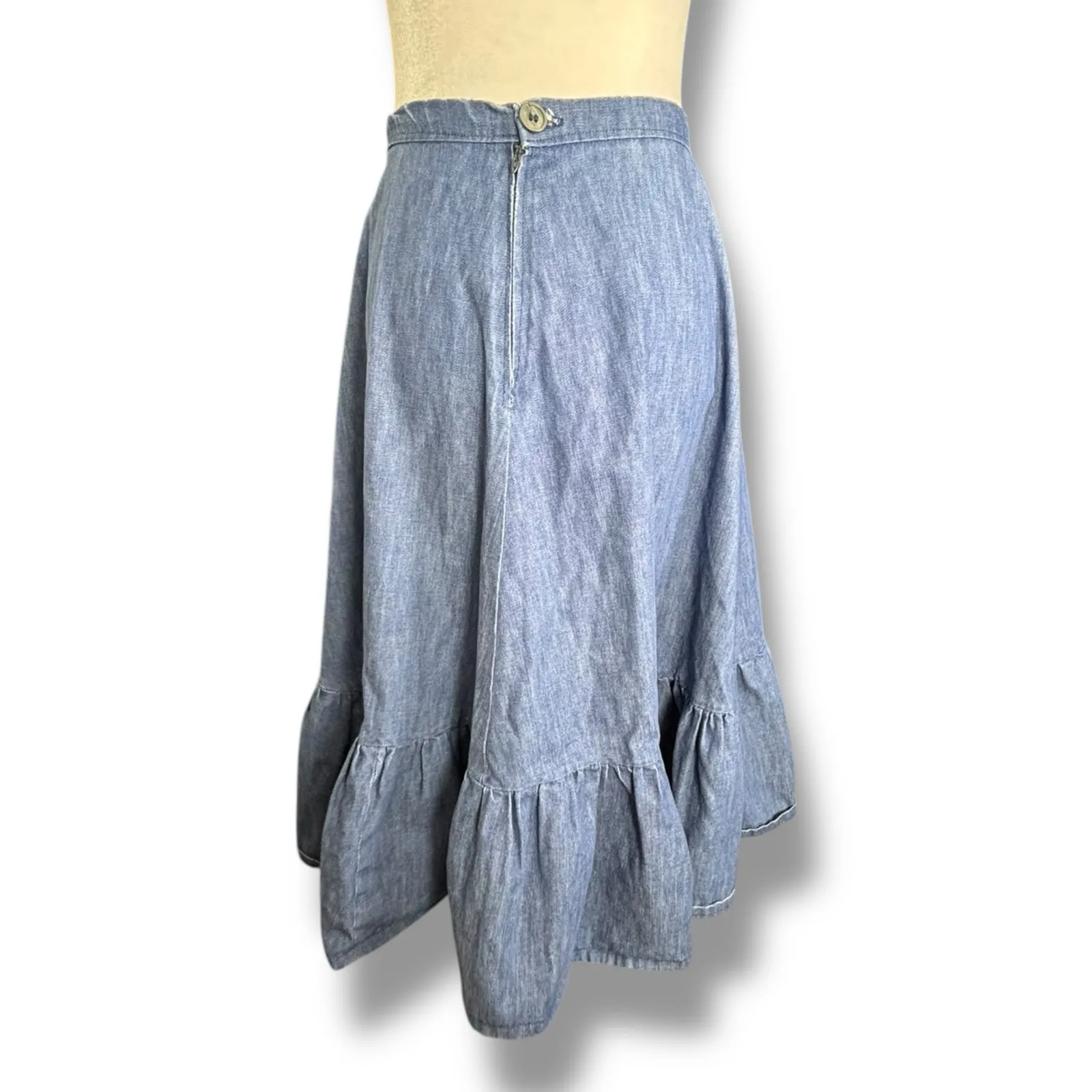 Handmade Vintage 90s Light Blue Chambray Denim Ruffle Hem A - Image 2