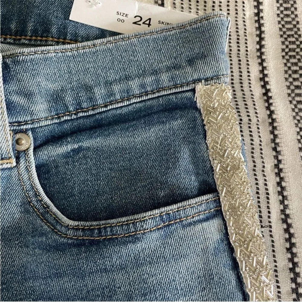 LOFT Beaded Skinny Jeans sz 00 / 24‎ NWT Slim Side Stripe Denim Pants Clean Girl - Image 8