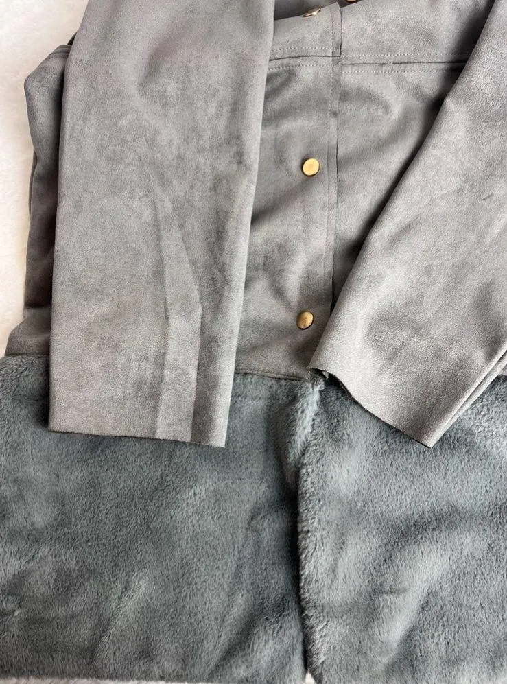 Zara Gray Suede Faux Fur Trim Long Jacket Size Small - Image 7