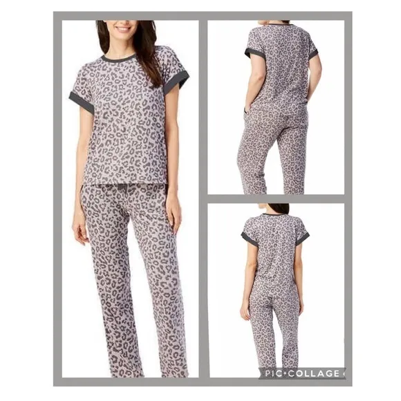Lucky Brand Stretchy Gray Leopard Print Short Sleeve Pajama Set Pockets S - Image 2
