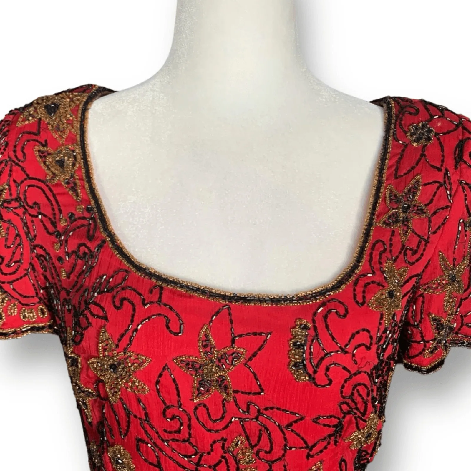 Vintage Papell Boutique Blouse Red Black Silk Embellished Metallic Floral Design - Image 3