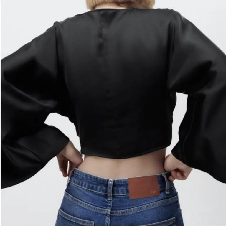 Zara Black Satin Wrap Top, Long Sleeve - Image 2