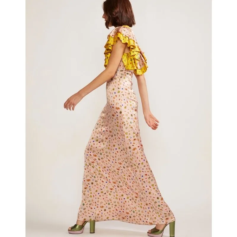 Cynthia Rowley Pamela Flutter-Sleeve Maxi Dress silk floral pink yellow size 2 - Image 2