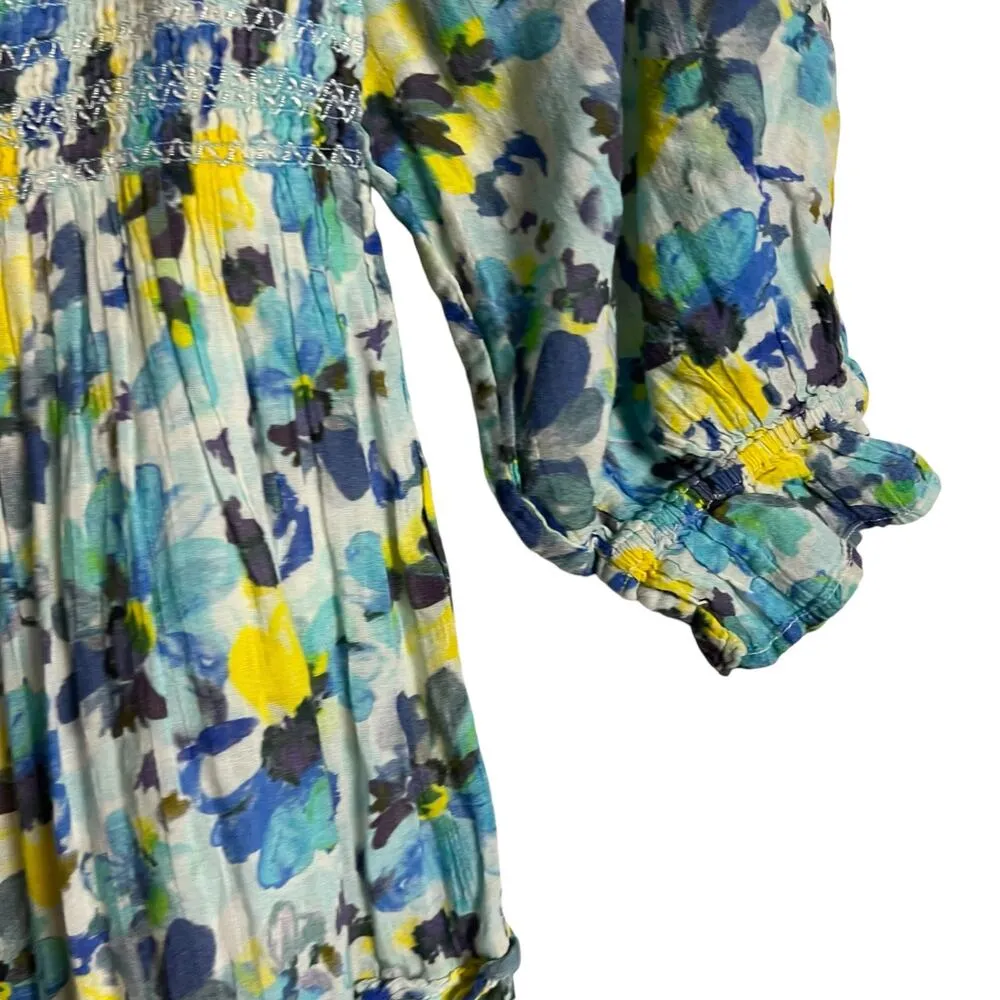LoveShackFancy Blue Capri Floral Print Smocked Square Neck Midi Dress Size XS - Image 12