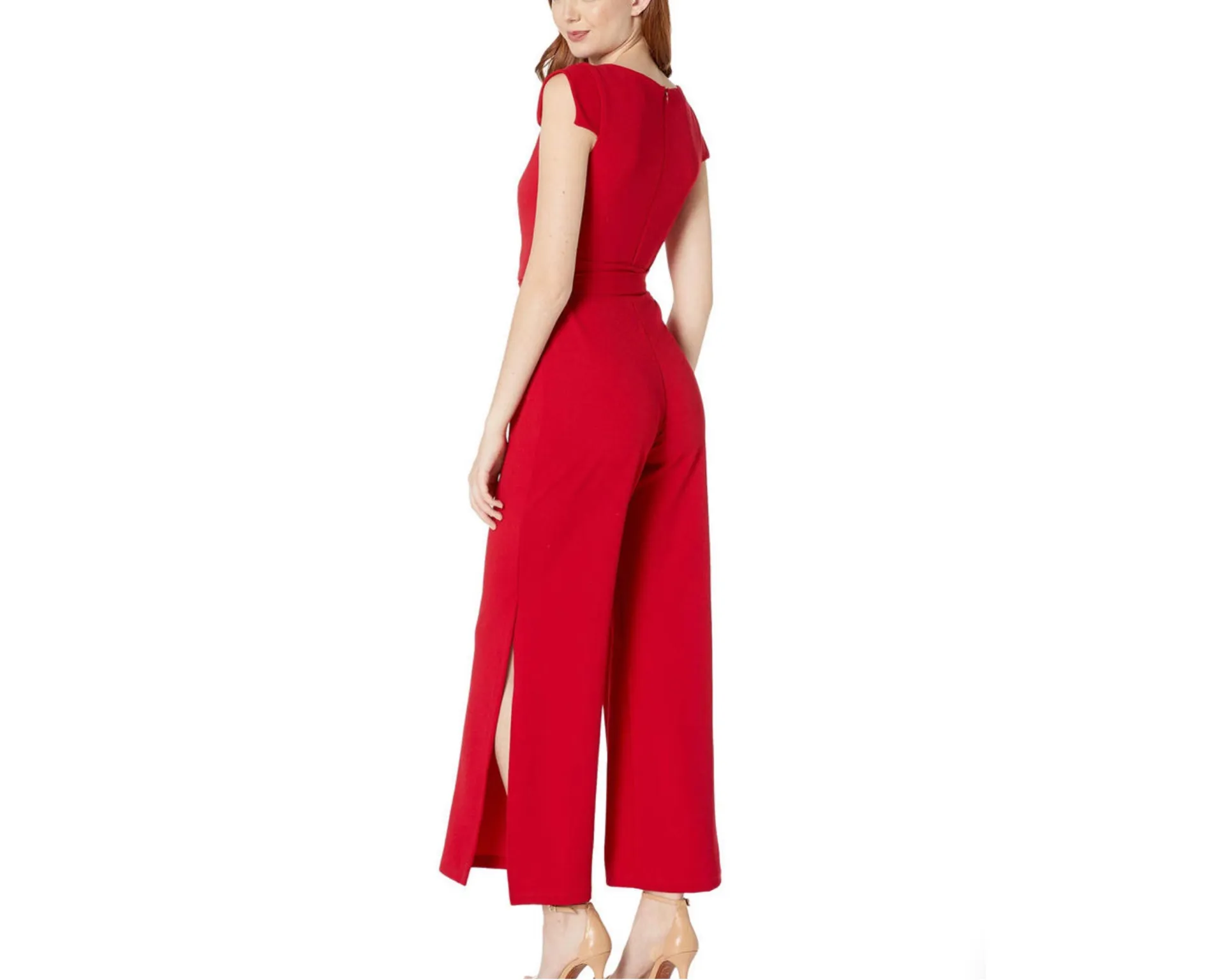 Women Asymmetrical Cowl-Neck Cap Sleeve Shimmer Red Jumpsuit Wide Leg Sz 10 - Image 2