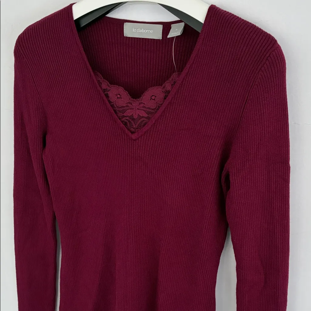 Liz Claiborne Women’s Burgundy Red Knit Top Lace Accents Medium - Image 11