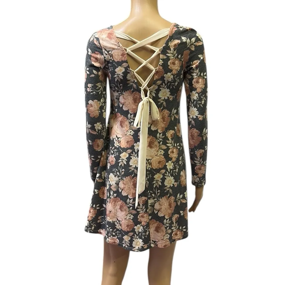 Gray Floral Print Ribbon Lace Up Back Long Sleeve V Neck Mini Dress Womens Small - Image 6