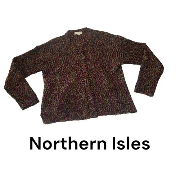 Northern Isles womens large multicolor sweater puffy cute unigue rainbow cardiga Blue - Image 2