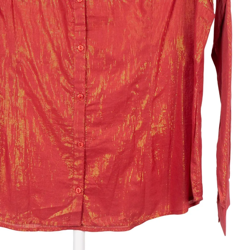 Cato Button Up Shirt XL Womens Red Gold Metallic Striped Long Sleeve Cotton - Image 3