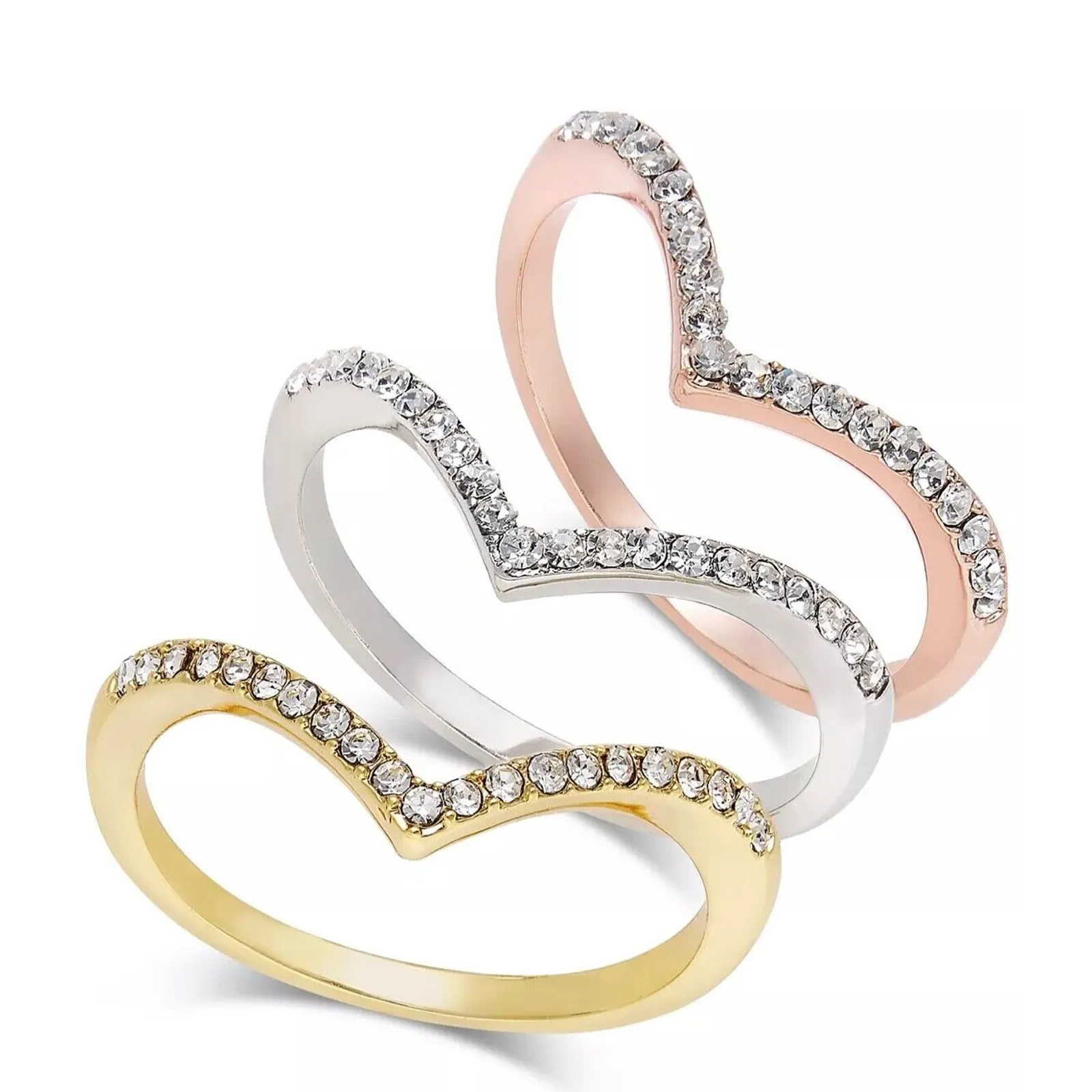 Inc Ring Set 3 Tri Tone Crystal Chevron Stackable Rings Size 5 Rose Gold Silver - Image 2