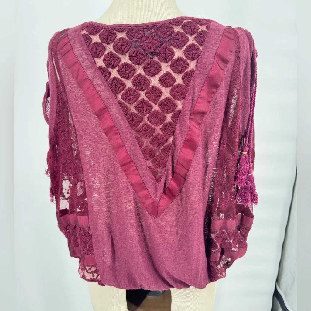 Free People South of the Border Lace Top Burgundy Boho Blouse Size XS - Image 4