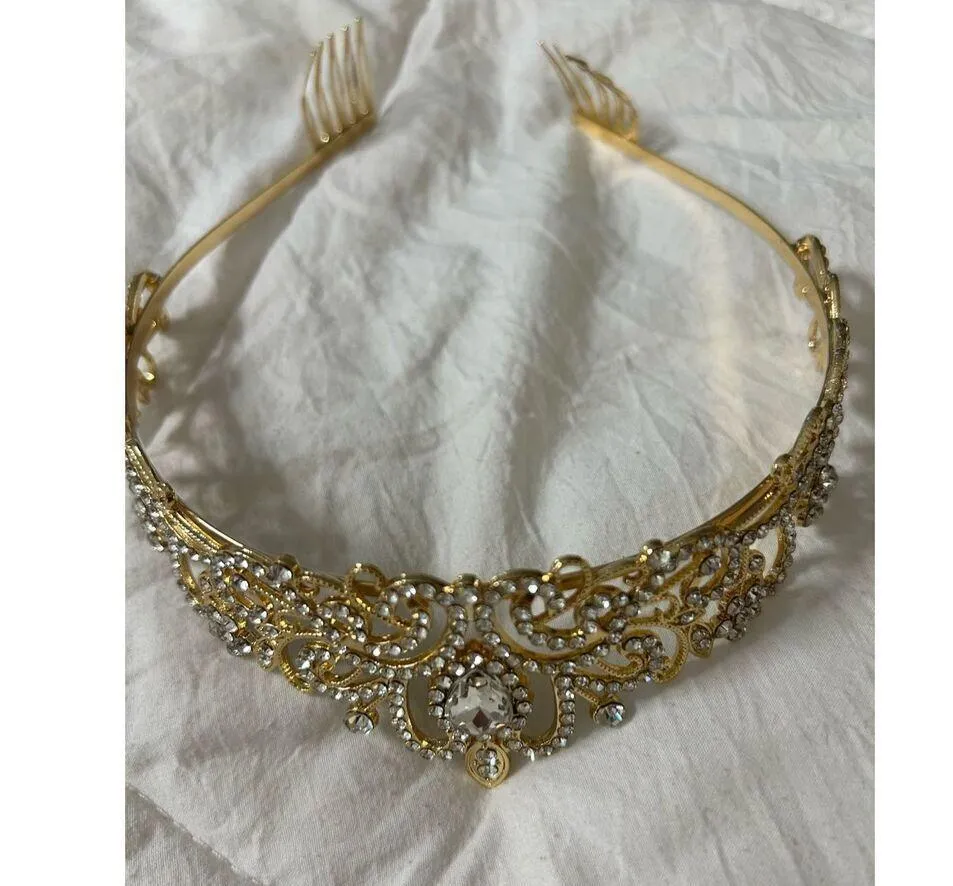NEW Princess Tiara Queen Crown Jewels Wedding Bridal Gold - Image 7