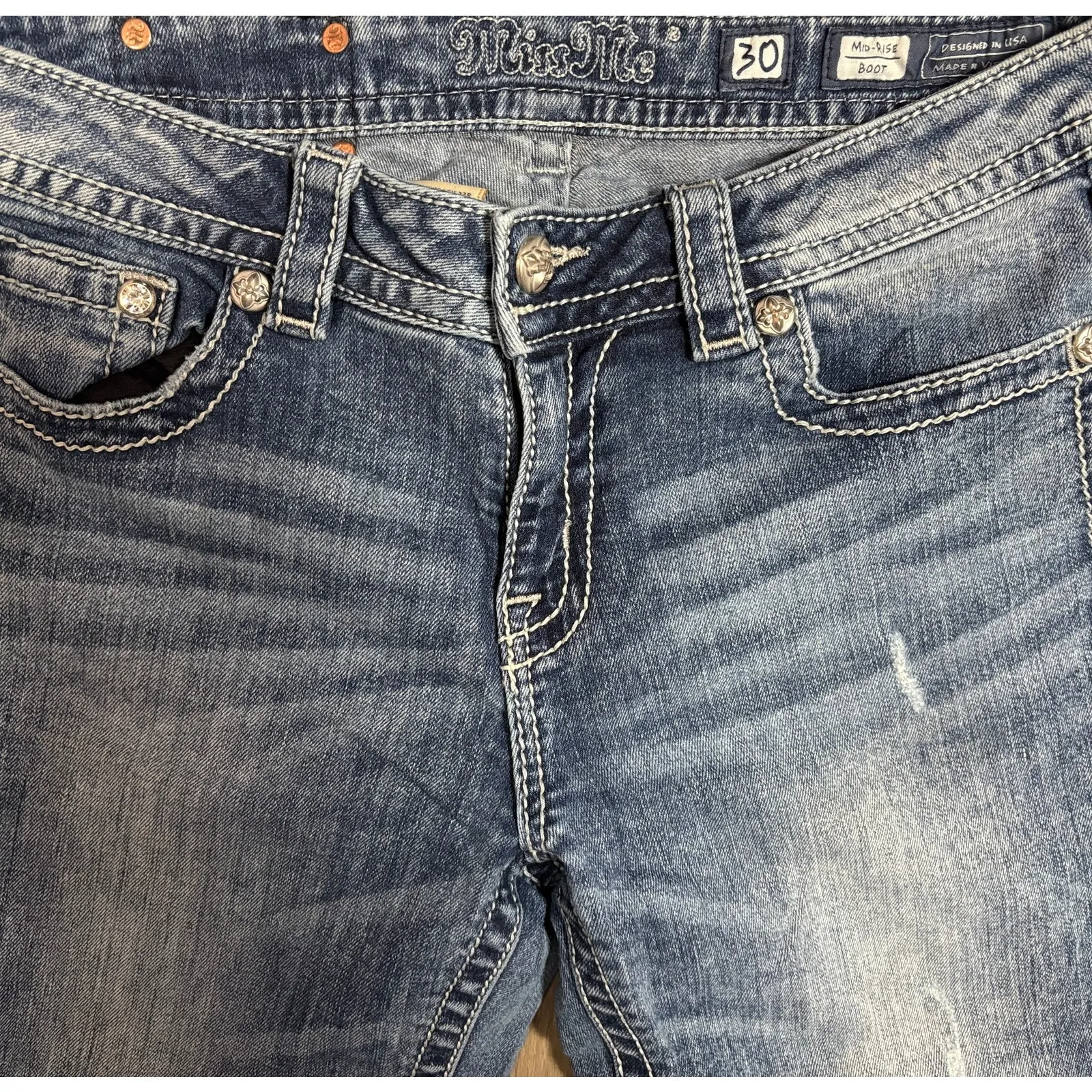 Miss Me Bootcut Jeans Floral Embellished Flap Pockets Mid Rise 30 - Image 3