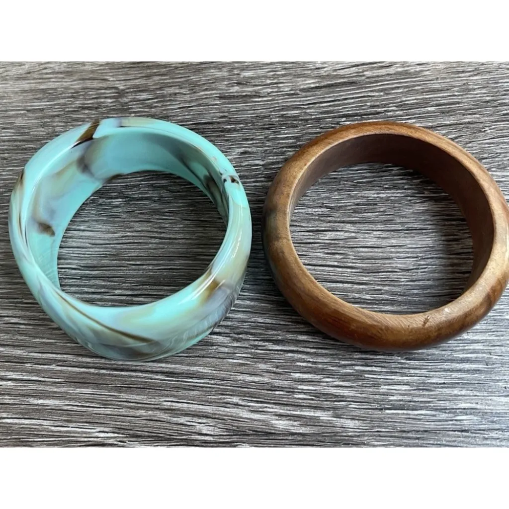 Vintage Wood & Groovy Acrylic Bangle Bracelets Wavy Stacking Thick Chunky Sz 8” Blue - Image 2