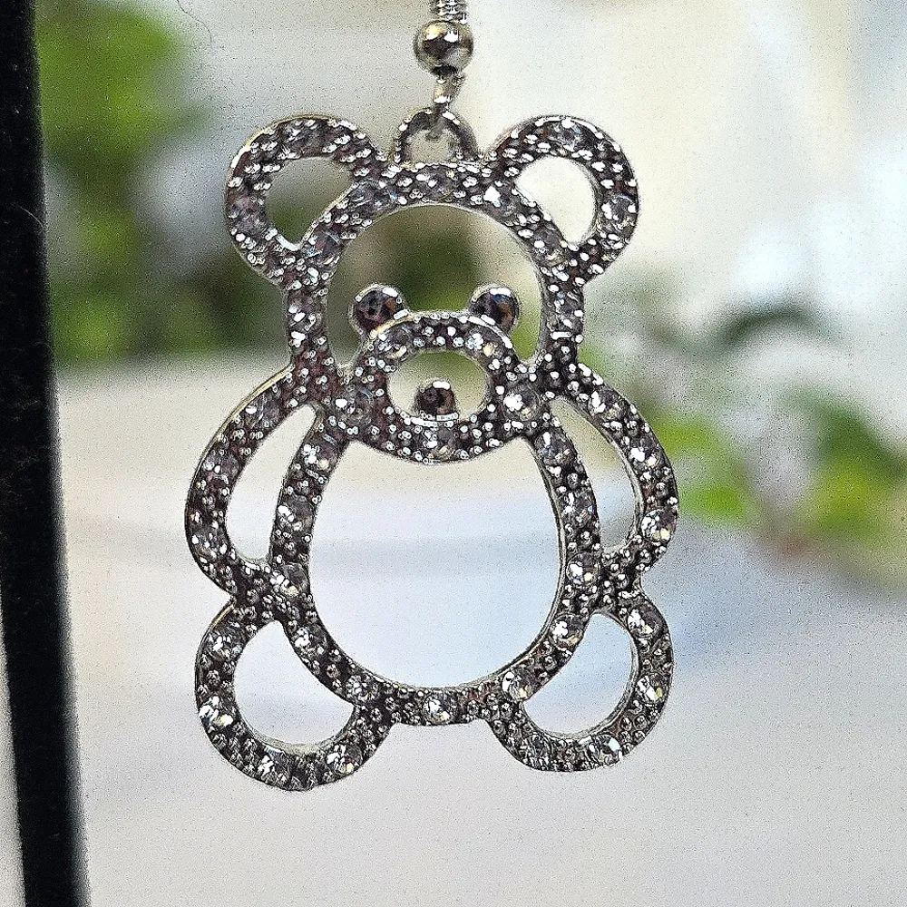 Silver Teddy Bear Drop Earrings with Rhinestines - Image 3