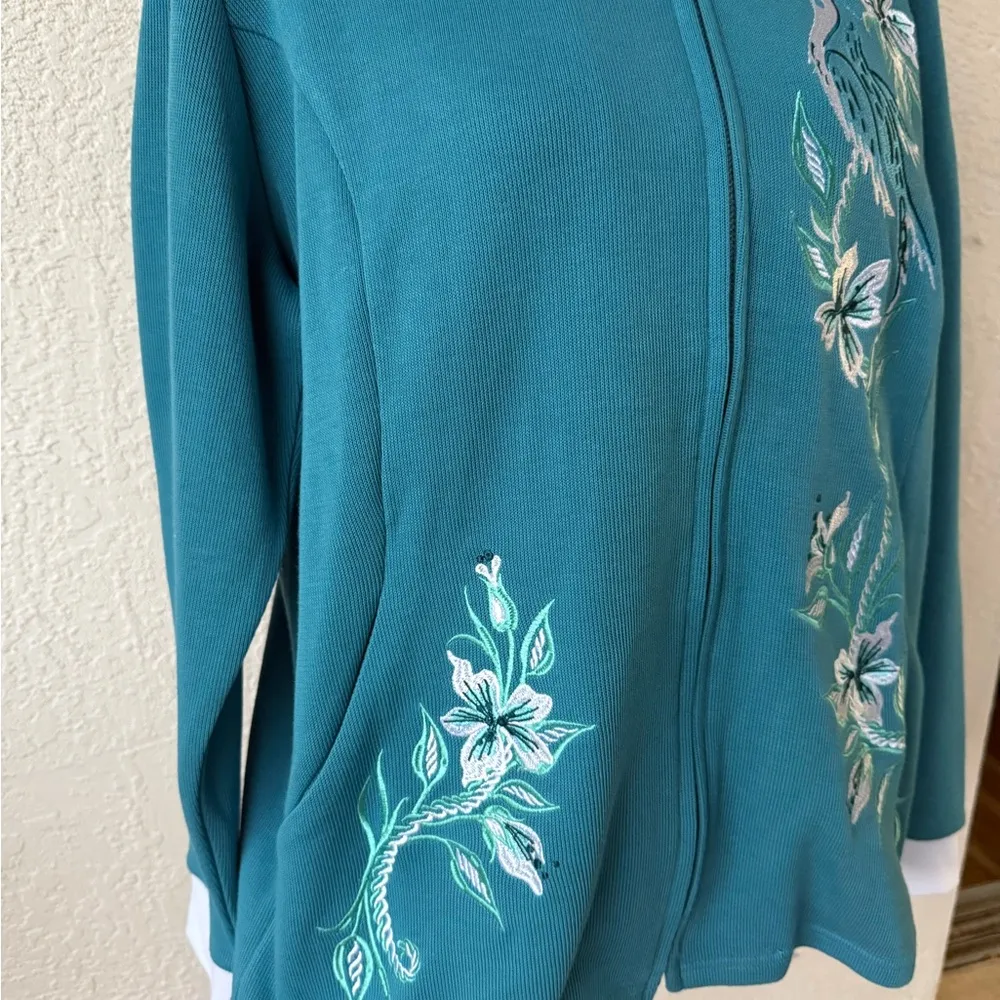Bob Mackie Wearable Art Embroidered Floral Bird Jacket Zip Up Size Large Teal - Image 3