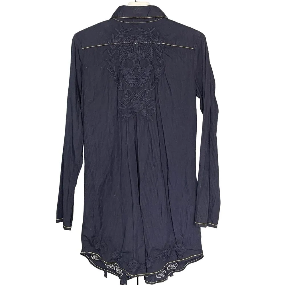 3J Workshop Johnny Was Blue Button Front Dress Floral Skull Embroidery Small - Image 5