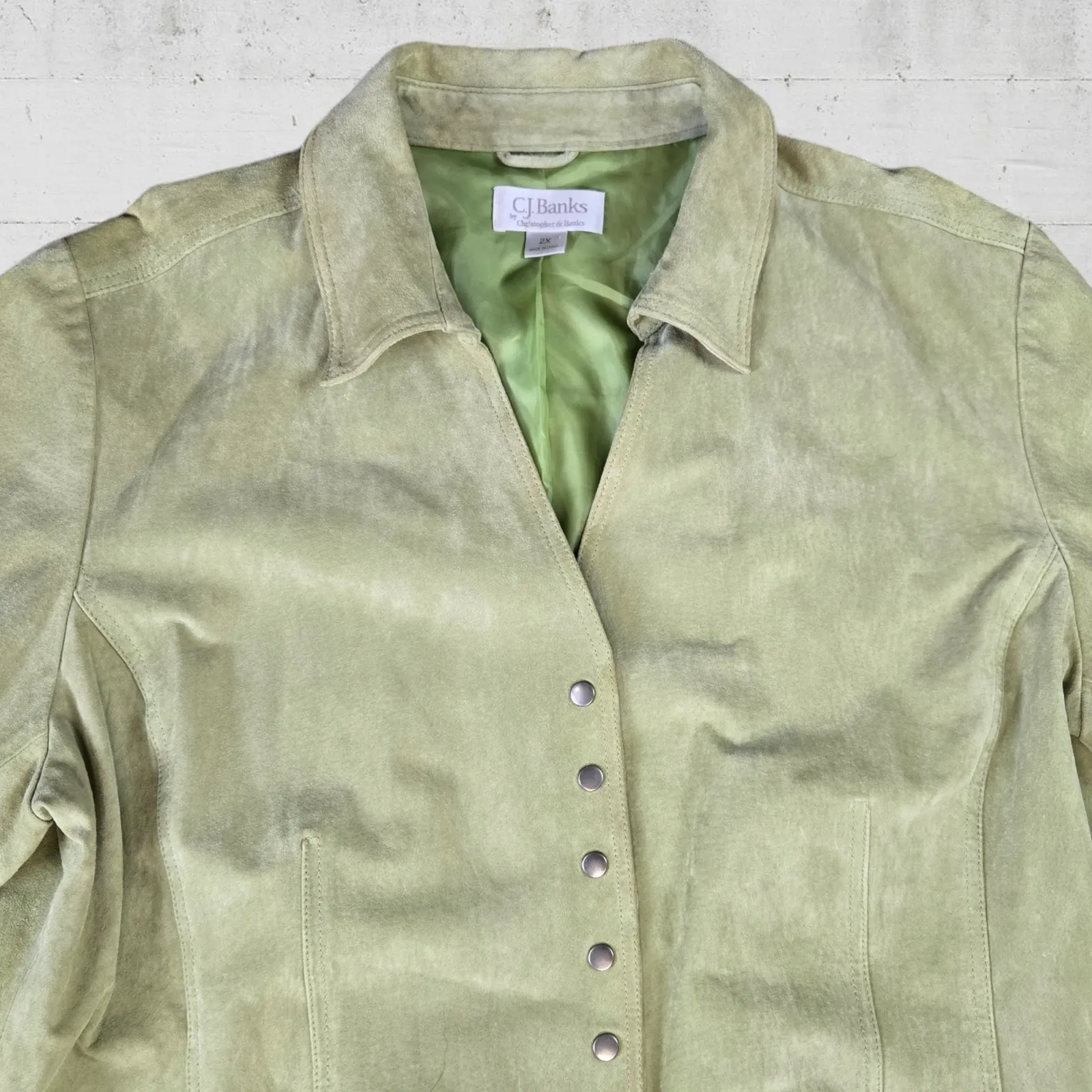 Y2K CJ Banks Spring Light Green Suede Snap Button V Neck Leather Jacket Size 2X - Image 2