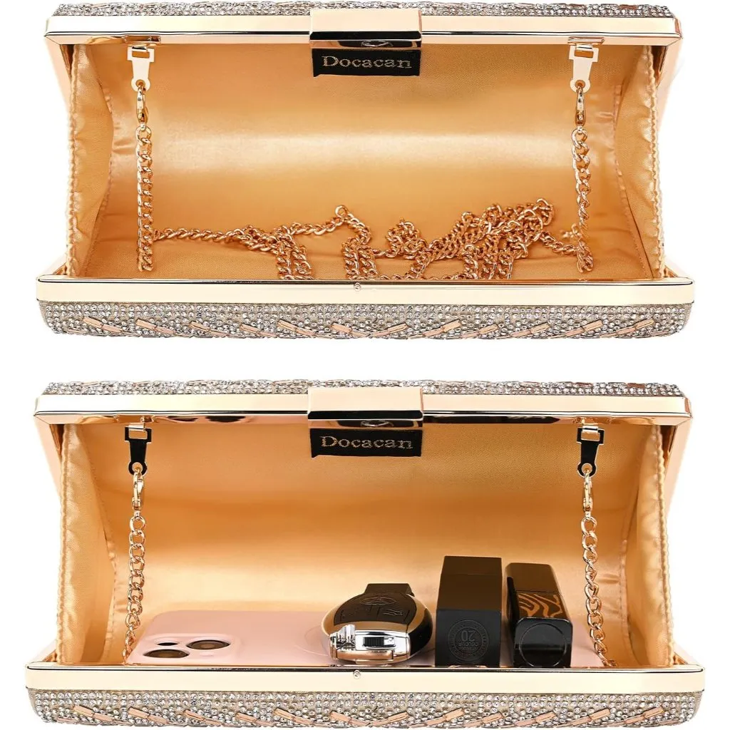 ⚡ Women's Sparkly Rhinestone Glitter Metal Clasp Chain Evening Gold Clutch Bag - Image 5