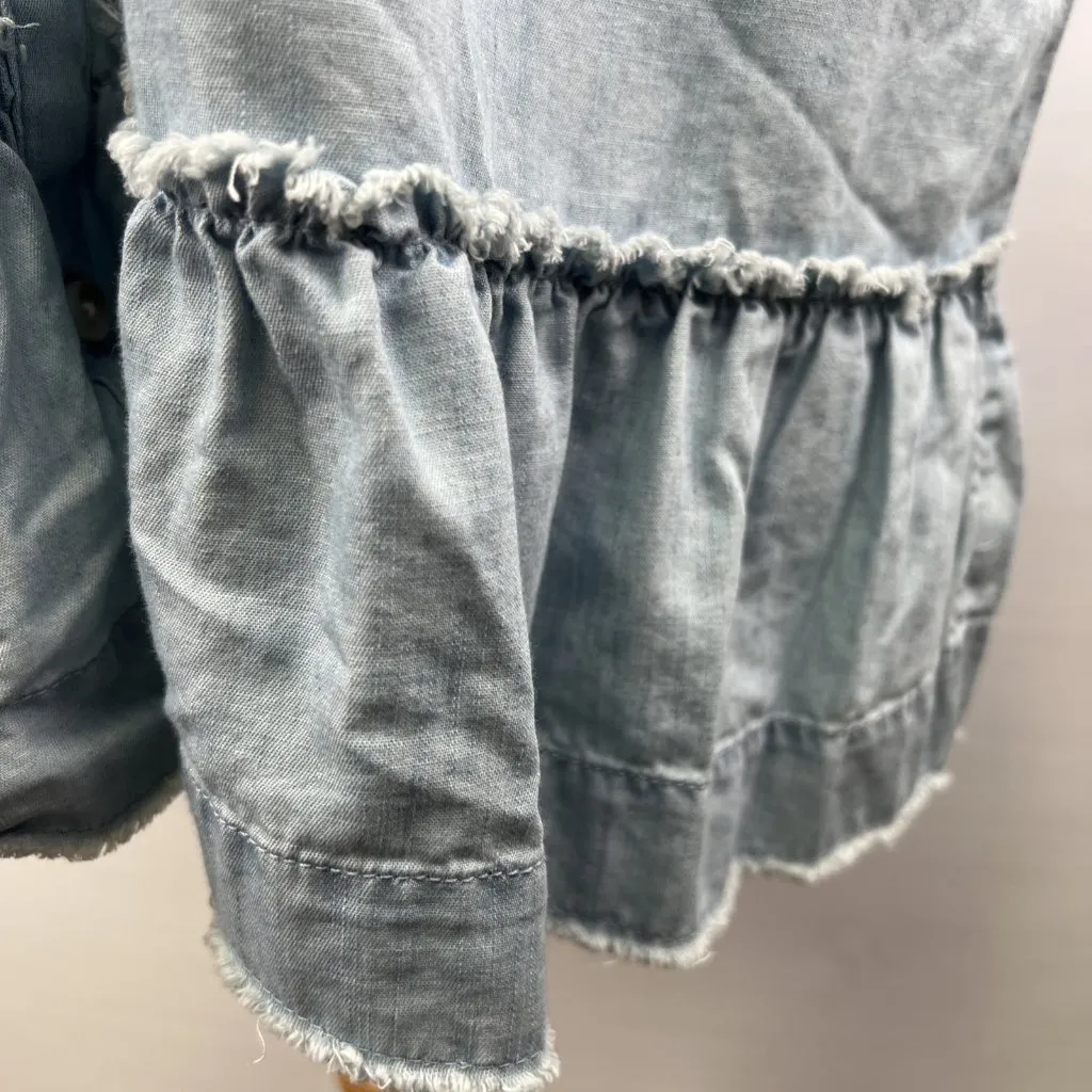 Wonderly L Blue Chambray Top Tunic Ruffle Hem Lyocell Button Front Long Sleeves - Image 3