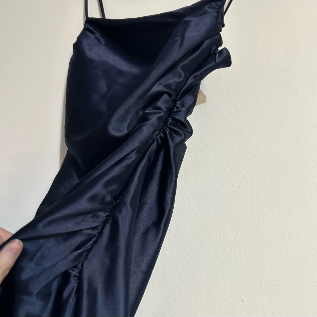 BHLDN Anthropologie Emery Square Neck Stretch Satin Midi Dress Navy Size XS - Image 3