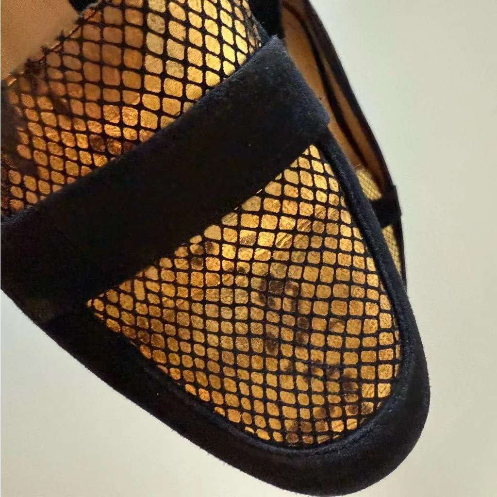 Cole Haan Grand Dakota snakeskin embossed loafers black suede gold Sz 8 - Image 7