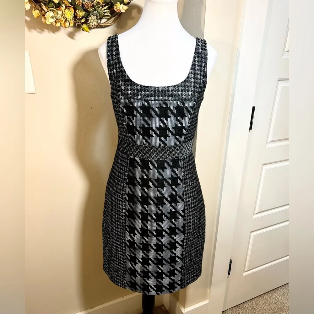 TRINA TURK  Elissa Houndstooth Black/Teal/Cream Tweed Career Sheath Dress Sz 6 - Image 3
