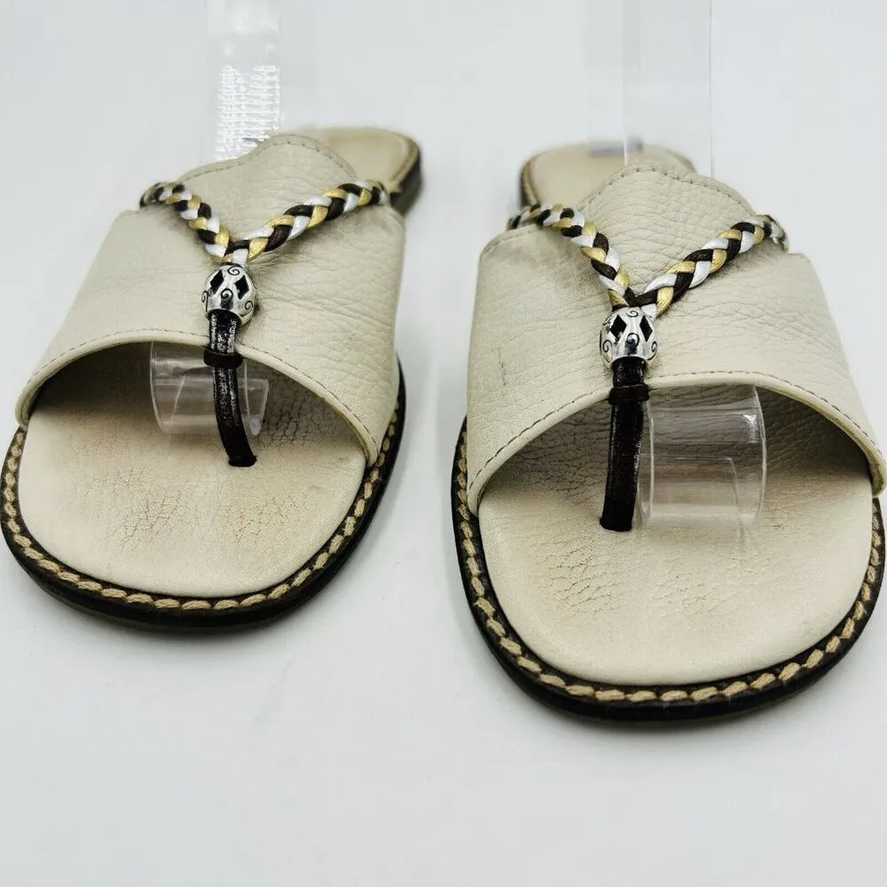 Brighton Ivory Leather Slides Sandals Metallic Braiding Sz 7.5 Flats Olive Beach - Image 4
