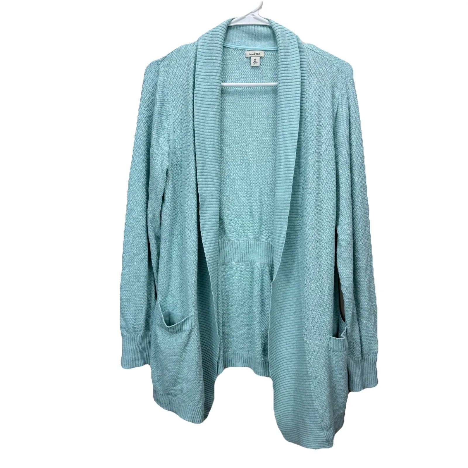 LL Bean Aqua Lightweight Open Front Cardigan Sweater Size MEDIUM Pockets Blue - Image 2